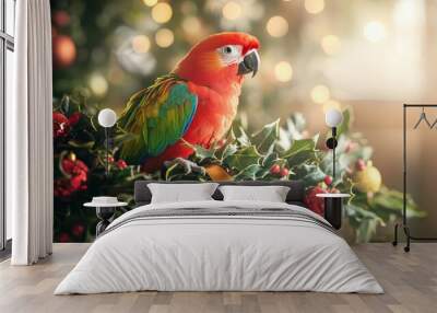 vibrant red parrot on a holly bush amidst christmas ornaments, blurred sunlight and bokeh background, high-resolution image with soft shadows and professional detail Wall mural