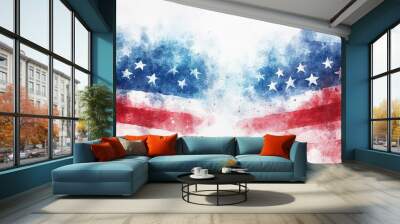 watercolor american flag background with white space in the center for text or logo, featuring stars and stripes in vibrant red and blue colors, perfect for patriotic designs and political event Wall mural