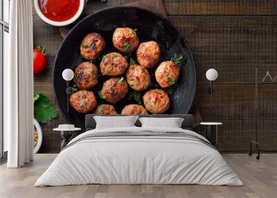 Roasted meatballs in frying pan Wall mural