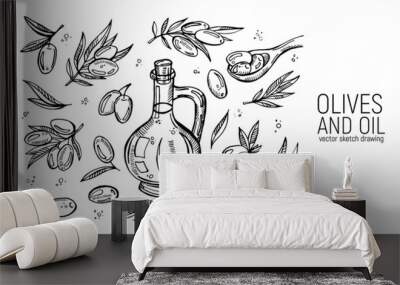 Set of hand drawing olives and olives oil. For labels, menus, design, posters and printing Wall mural