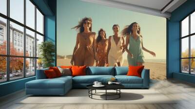 Group of female friends enjoy taking a walk together on the beach- generative AI, fiction Person Wall mural