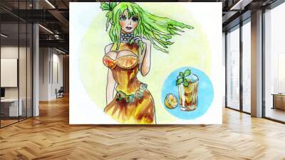 A pretty young girl with green hair in a bright orange-brown dress with a cleavage. A glass of long island. Cheerful, summer watercolor illustration. Isolated on a white background. Wall mural