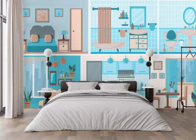 Apartment inside. Kitchen, living room, bedroom, bathroom. Detailed modern house interior. Rooms with furniture. Relaxing interior in blue colors.  Flat style vector illustration. Design template Wall mural