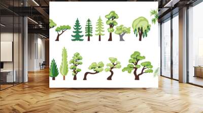 Large vector set of icons of deciduous coniferous trees palms and dracaena hand-drawn in a flat style and isolated on a white background for the design and decor of maps and park and urban info Wall mural