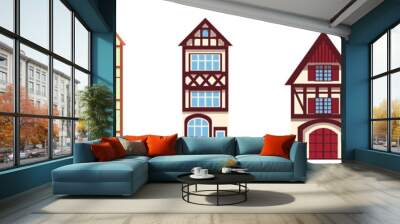 Set of cozy half-timbered houses isolated on a white background Collection of old German and French houses Illustration in a flat cartoon style Wall mural