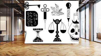 Set of icons of magic  tubes with alchemical signs, a magic ball, scales and other mystical objects are isolated on a white background. Horizontal vector illustration things for practicing alchemy. Wall mural