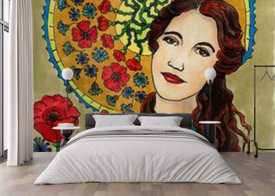 Stylized drawing of a young dark-haired girl surrounded by an ornament of poppy and cornflowers Wall mural