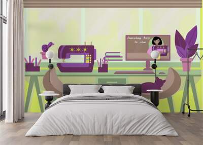 The home workplace is near a large window. Home office. Work and Hobbies. Sewing courses online. Training via the Internet. Concept. The cat is Napping on a chair. Vector illustration in a flat style. Wall mural