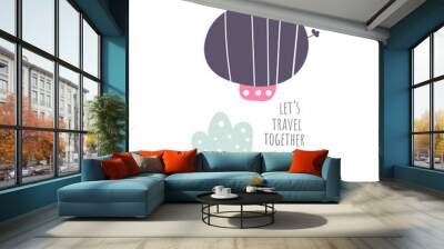 Let's travel together card, postcard, poster with flying zeppelin, clouds, sky. Wall mural