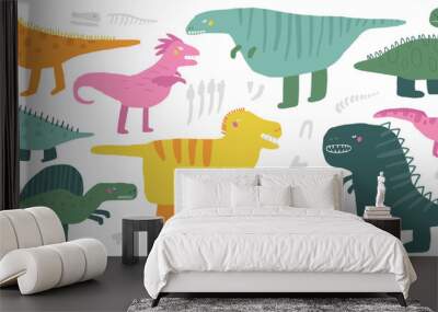 Meat eating dinosaurs set. Cute hand drawn doodle dinos collection, Tarbosaurus, Tyrannosaurus, Giganotosaurus, Spinosaurus, Velociraptor, t rex. Extinct flesh eating creatures clipart for kids Wall mural