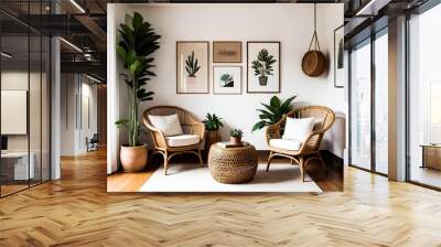 A cozy Scandinavian living room with two rattan chairs. Generative AI. V-11 Wall mural