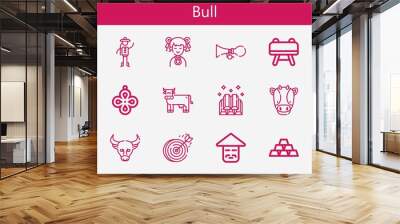 Premium set of bull line icons. Simple bull icon pack. Stroke vector illustration on a white background. Modern outline style icons collection of Horn, Buck, Pendant, Dartboard Wall mural