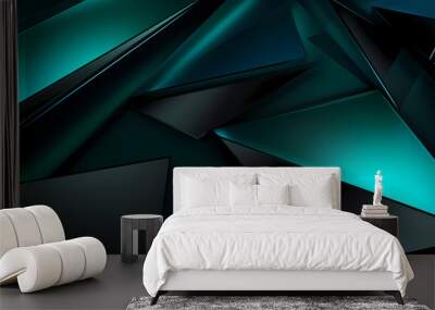 Black, jade green abstract triangle background, glossy metal like kook background Wall mural