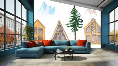 Cabins, a pine tree, and mountains are isolated on a white background. Set of 6 watercolor landscape scene objects. 2 floors buildings, a tree, glacier clipart. Facades of modern houses and more. Wall mural