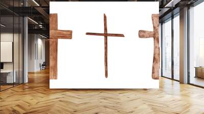 Set of 3 Religious crosses isolated on a transparent background. Watercolor wooden Christian cross illustration. The hand-painted catholic or orthodox symbol for the first community, and Easter. Wall mural