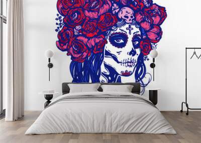 Sugar skull beautiful girl with roses wreath, Halloween makeup. Skeleton woman portrait at Dia de los Muertos, Day of the dead. Hand drawn stock vector illustrtion, sketch for tattoo  Wall mural