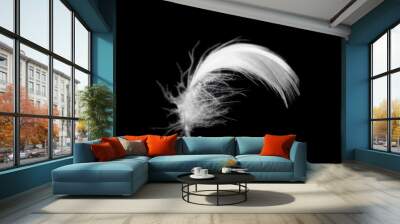 Beautiful white feather floating in air isolated on black background Wall mural