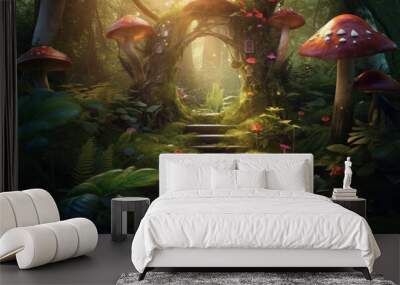 Fantasy enchanted fairy tale forest with magical opening. Generative AI Wall mural