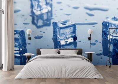 chunks of frozen ice on a glossy surface with drops of clear water Wall mural