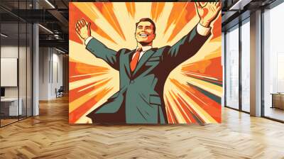 Happy and excited young businessman celebrating victory, expressing success, strength, energy and positive emotions. Hand drawn illustration vector design Wall mural