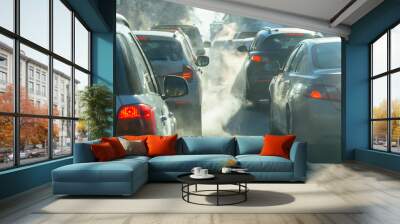 pollution from the exhaust of cars in the city in the winter. Smoke from cars on a cold winter day Wall mural