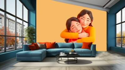 3d cartoon-like illustration of asian mother and daughter hugging each other, sweet moments of mothe Wall mural