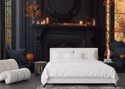 Aesthetic room interior design with Halloween elements. Wall with decoration in the apartment. Holiday pumpkins in the room. Wall mural