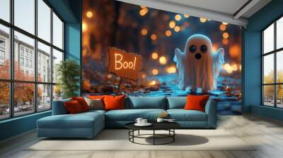 Cartoon Ghost with boo sign Wall mural