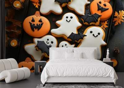 Festive Halloween cookies on a dark background Wall mural