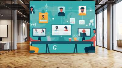 Illustration of a business team meeting online.  Wall mural