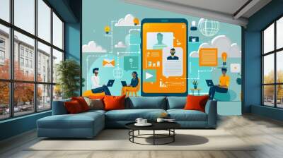 Illustration of a business team meeting online.  Wall mural