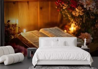 Open Bible with Candlelight Wall mural