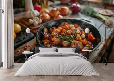 Roasted vegetables in a cast-iron skillet, caramelized onions and garlic mixed with root vegetables, rustic kitchen setting Wall mural