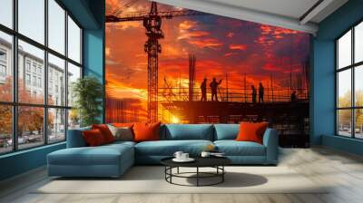 silhouette of worker construction building at sunset Wall mural