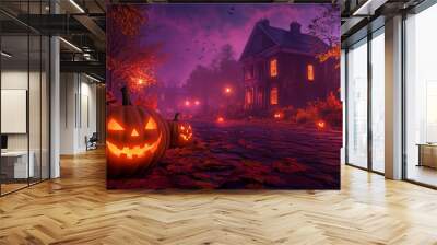 Spooky street on Halloween, glowing jack-o-lanterns on doorsteps, dark houses with flickering lights, eerie fog rising from the ground, dark orange and purple sky at dusk, autumn leaves on the ground Wall mural