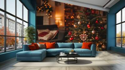 Tree decorated with red and gold ornaments, standing in a cozy living room with wooden furniture, candles glowing in the background, warm light creating a festive mood  Wall mural