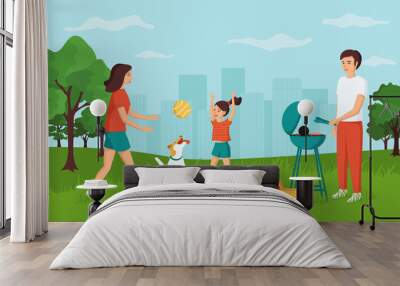 Concept of a happy family on vacation, spending time together outdoors, active weekend, ball game. Young smiling man, woman and child on a picnic in a city park with a dog. Cartoon vector illustration Wall mural