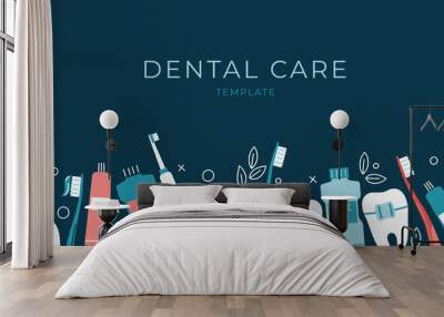 Dental care horizontal banner with flat icons along the bottom on a dark background. Healthy clean teeth. Template concept for posters, prints, cards. Vector illustration. Wall mural