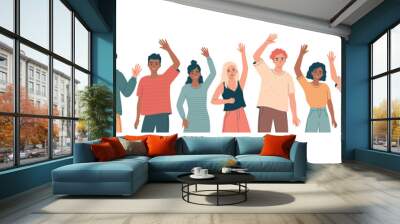 Group of diverse friendly young men and women with hands raised in greeting gesture, business team. Portrait composition. Different nations people waving hand and saying hello.Flat vector illustration Wall mural