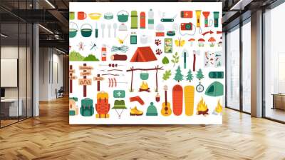 Large set of hiking equipment. Items for summer camping, trekking. Travel supplies icons for outdoor base camp. Backpack, campfire, tent, pointers, bowler hat. Isolated flat vector illustration Wall mural