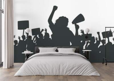 silhouette of protesting crowd of people with raised hands and banners. woman with loudspeaker. peac Wall mural