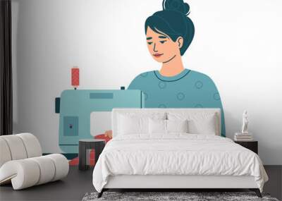 Young woman seamstress works on a sewing machine. Dressmaker, needlework, hobby. Tailoring clothes at the workplace. Needlecraft. Isolated vector illustration Wall mural