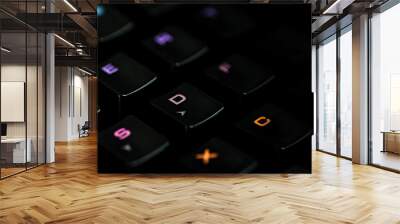 ..A gaming keyboard with rgb color backlight shot closeup on a black background with space for text. The concept of games, e-sports and the workspace of the gamer. Format banner desktop wallpaper. Wall mural