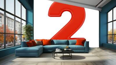 Volumetric number two, isolated on a transparent background. 3D digit 2 in red color plastic with a glossy texture. Photorealistic render. Wall mural