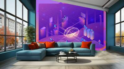 Artificial intelligence concept with electric brain, people, neural network, isometric 3d illustration with smartphone, laptop, mobile gadget, modern data storage banner, landing page background Wall mural