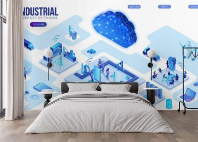 Industrial internet of things infographic illustration, blue neon concept with factory, electric power station, cloud 3d isometric icon, smart logistic transport system, mining machines Wall mural