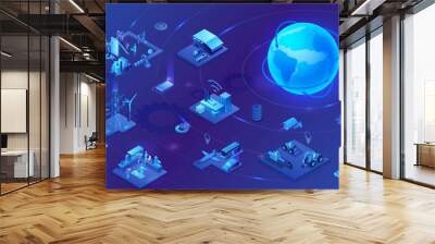 Industrial internet of things  infographic illustration, blue neon concept with factory, electric power station, globe 3d isometric icon, smart transport system, mining machines, data protection Wall mural