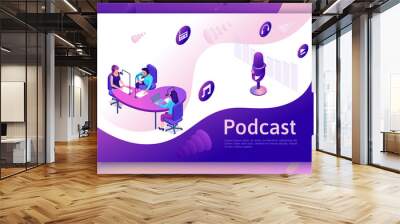 Podcast isometric 3d illustration, modern music radio show or audio blog concept, vector landing page template with people, microphone, sound studio interior in violet color Wall mural