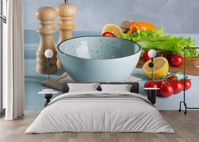 kitchen table with vegetables and herbs and ceramic pottery Wall mural