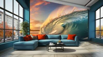 Surfing ocean wave at sunset, panoramic banner background. Wall mural